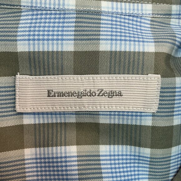 Ermenegildo Zegna Plaid Button-Up Shirt Mens Medium 100% Cotton Green & Blue Mad - Picture 7 of 10